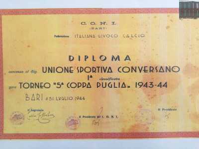 L'attestato della V coppa puglia 1944 vinta dall'U.S. Conversano